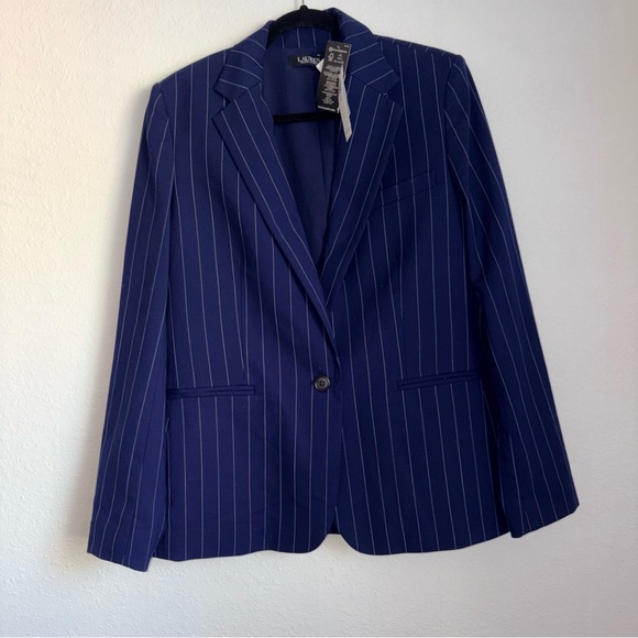 Lauren Ralph Lauren navy Blue stripe wool mix Blazer Size 14 new single button - Picture 6 of 11
